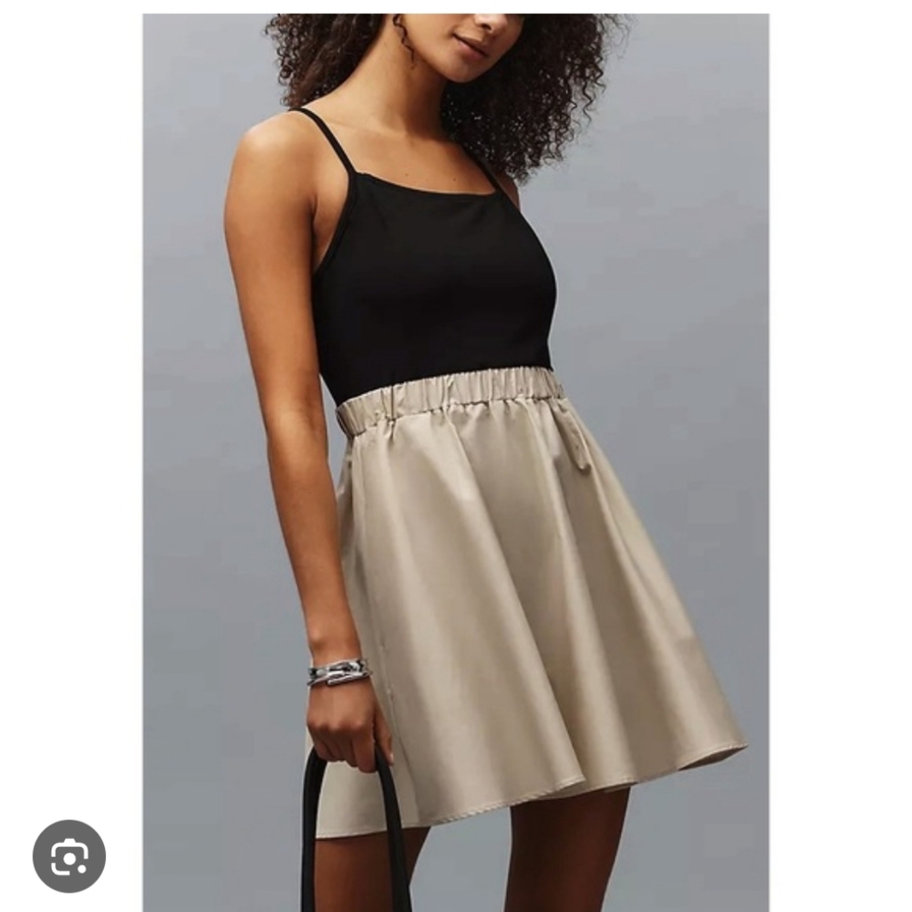 Anthropologie Maeve Sleeveless Twofer A-Line Mini Dress in black and stone-cream